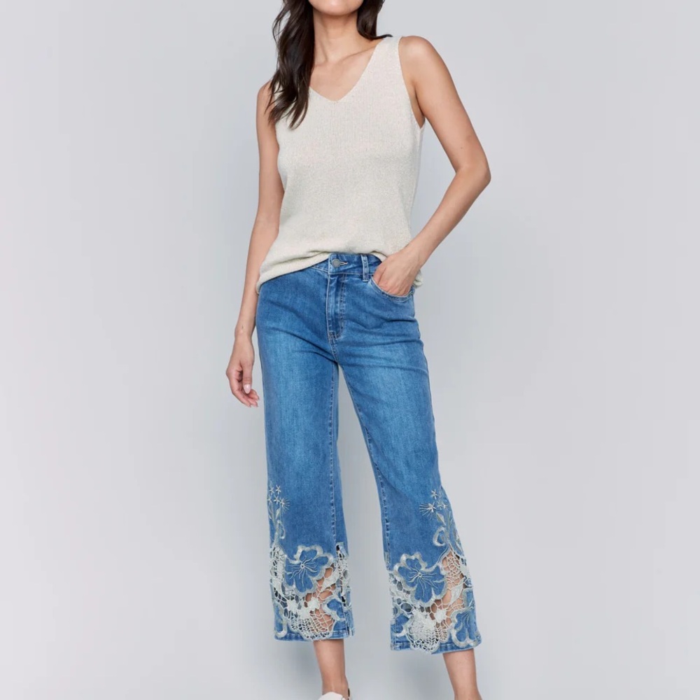 CHARLIE B Blue Flare Wide Leg Jeans with Embroidery